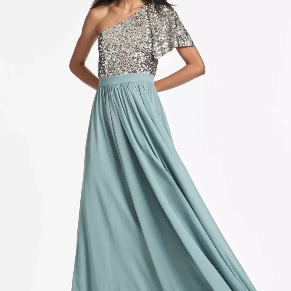 Sachin + Babi Jolie Gown - Silver and Steel Blue Asymmetrical One Shoulder Sz 10